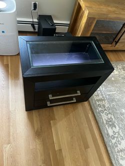 Black Nightstand w/ Built-In USB Charging + Glass Top