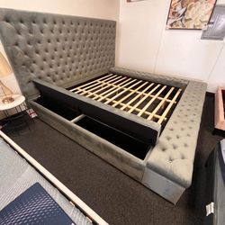 Grey Velvet King Platform Bed Frame With Storage Drawers