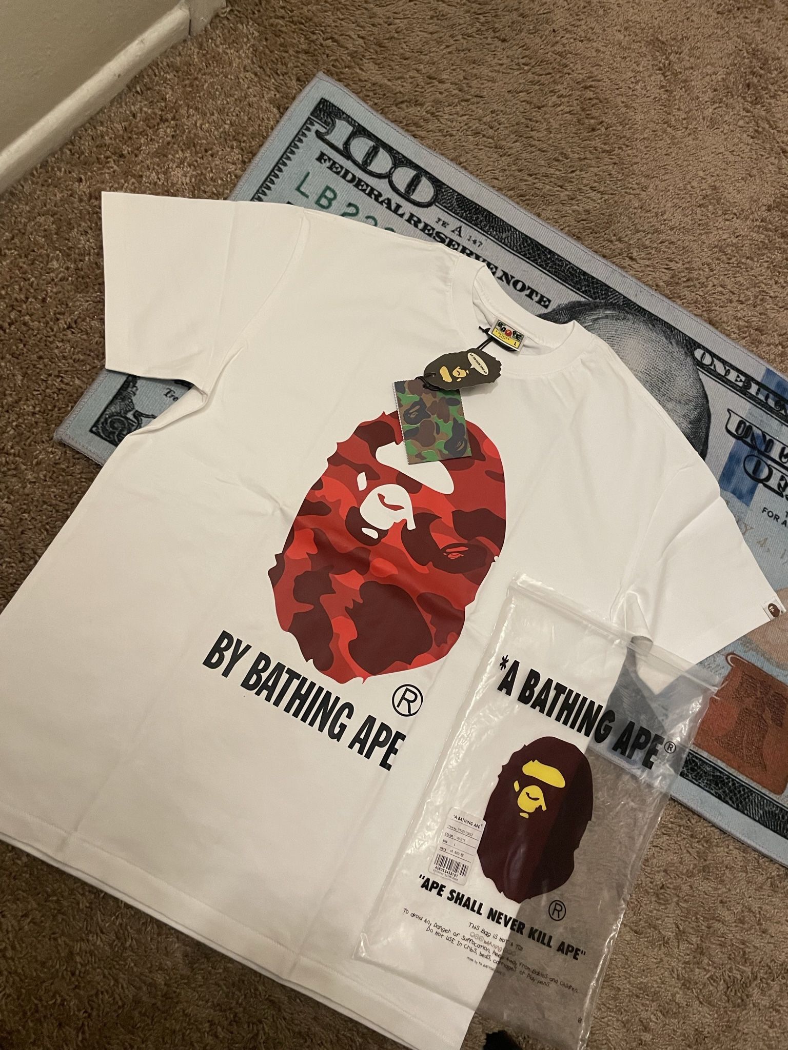 White bape tee w/ red big ape