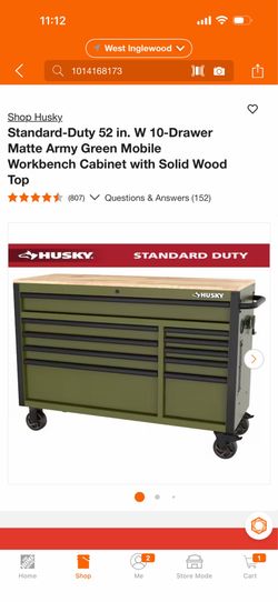 Husky Standard-Duty 52 in. W 10-Drawer Matte Army Green Mobile Workbench Cabinet with Solid Wood Top