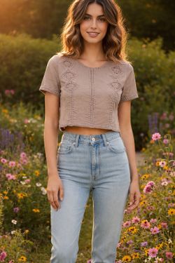 Vintage boho faux suede tan crop top features crochet lace short sleeves
