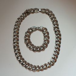 Vintage Silver Tone Double Link Necklace & Bracelet with Hinged Clip Clasp