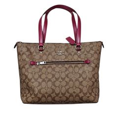 Coach Signature Logo Tote Brown Pink Double Handles Zip Top Silver Charm