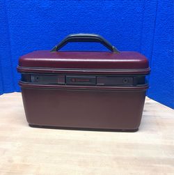 Vintage Samsonite Train Case Burgundy System 4 Makeup Cosmetic Suitcase w Mirror