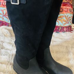 Black Wide calf Knee High boots, Low heel