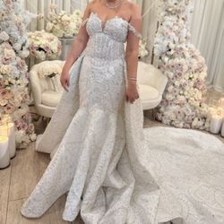 Custom Crystal Wedding Gown w/ Overskirt + Veil - Like New 