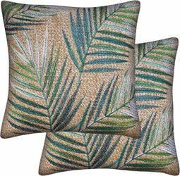 Outdoor Square Toss Pillows for Patio Furniture, 17 x 17, 2-Pack Raffia Palm Green Throw Pillows, Water & Fade Resistant for Patio Furniture Set, 2-Pa