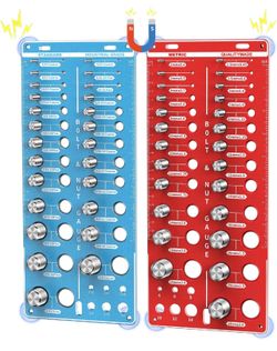 Magnetic Base 62 Nut and Bolt Thread Checker with 25 Standard & 25 Metric Sizes & 12-Hole Drill Bit Gauge, Bolt Size and Nut Size Identifier Gauge