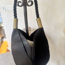 Black Suede and Leather Hobo Drop Bag with Brass detail on Handle