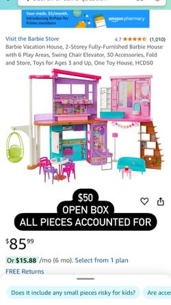 Barbie Vacation House, 2-Storey Fully-Furnished Barbie House with 6 Play Areas, Swing Chair Elevator