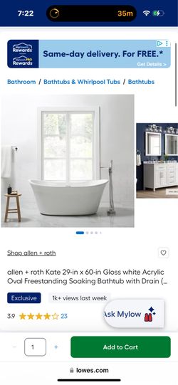 Allen Roth 60” free standing tub