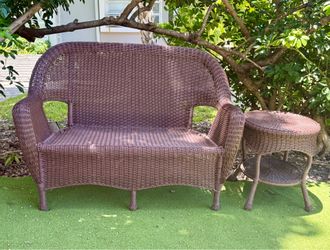 Outdoor Wicker Loveseat Bench with Matching Side Table