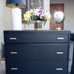 3 Drawer Solid Wood Dresser- Very Large Drawers - Black With Gold 