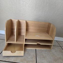 All-in-One Wooden Desk Organizer - Multi-Compartment Office Storage with Drawer