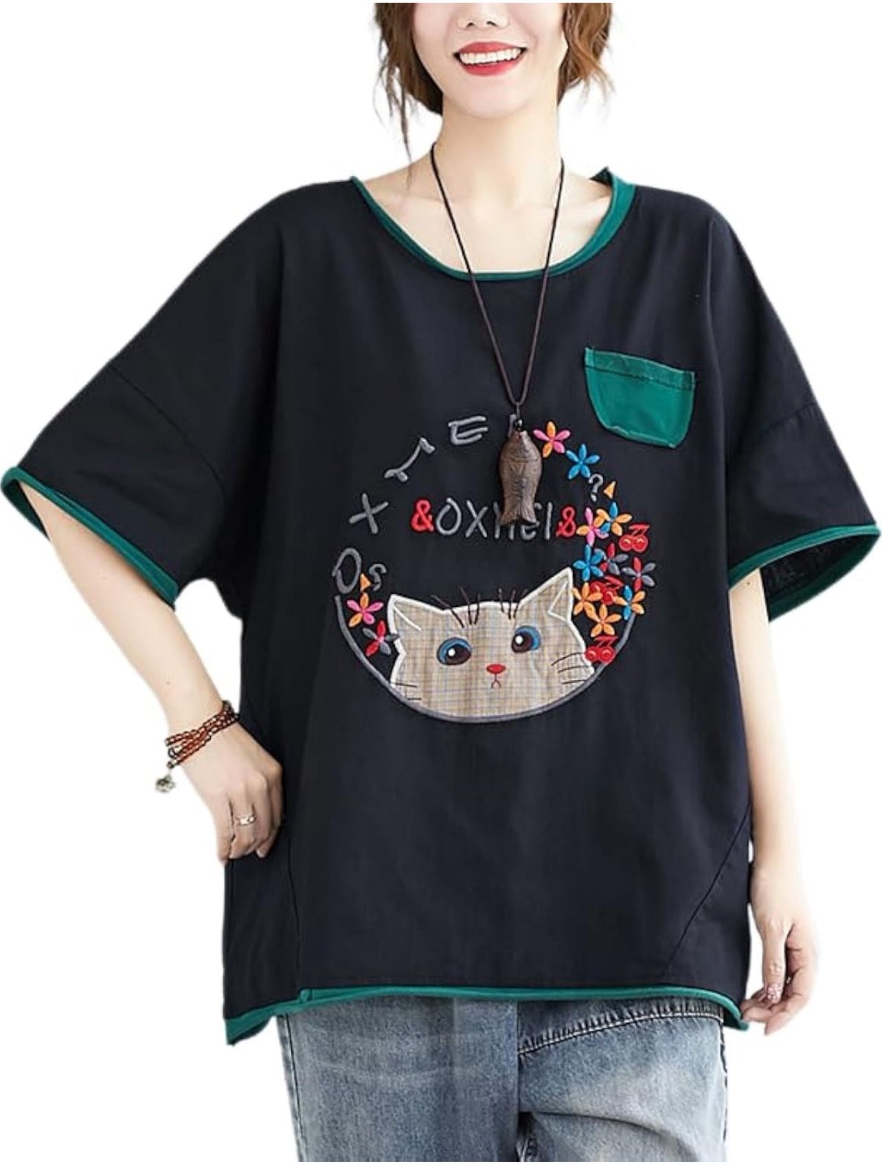 2xl Women's Plus Size Short Sleeved T-Shirt, Summer Loose and Versatile Casual Heavy Embroidery Top(pls choose black or green)