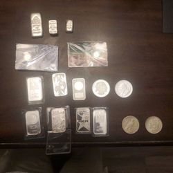 Coins And BULLION -Silver Bars, Rounds, Morgan's, Peace Dollars, Scottsdale 100 Gram, 2 Oz Monarch Metals , 1 Oz  Germania Mint.