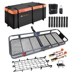 MeeFar Folding Hitch Mount Cargo Carrier Basket 60" X 20" X 6"+Waterproof Cargo Bag 16 Cubic Feet(58" 19" 24"),Hauling Weight Capacity Of 500 Lbs And 