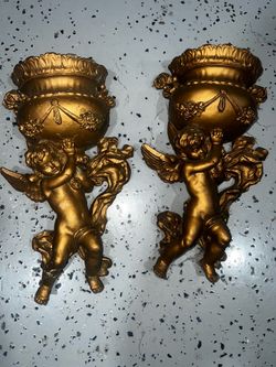 2 Vintage 15" ANGEL CHERUB Victorian Gold-Tone Wall Pocket HOLLYWOOD REGENCY