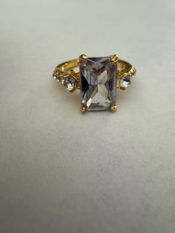 NEW Gold Plated CZ Emerald Cut Solitaire Ring with Accent Stones – Size 6.5