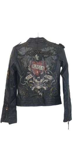 NWOT ED HARDY by Christian Audigier Authentic Leather Motocycle Skull Jacket Size S SOLD OUT
