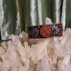 Red Coral Sterling Silver Dragon Bracelet 