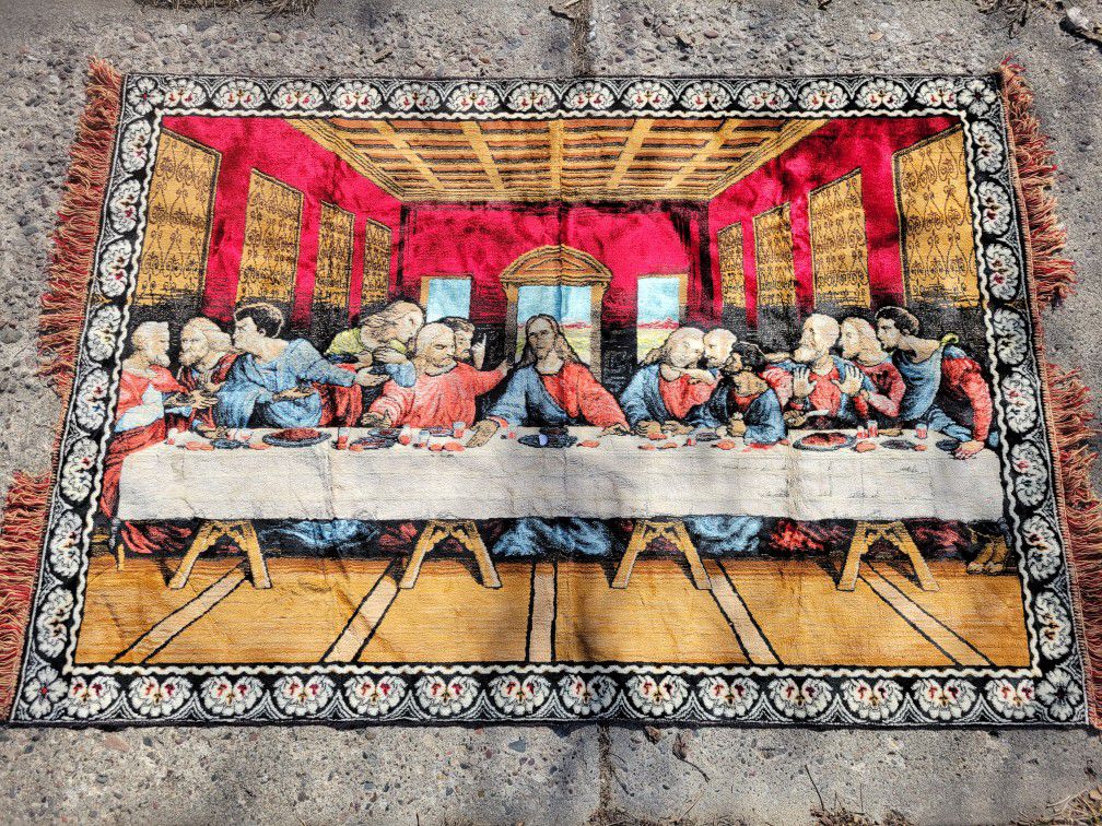 Vintage Tapestry The Last Supper Large Jesus Rug 48” X 70” Italy Fringe Italian