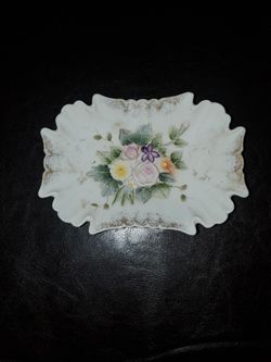 Vintage Hand-painted Lefton China Bisque Porcelain Floral Ashtray, Trinket Tray

