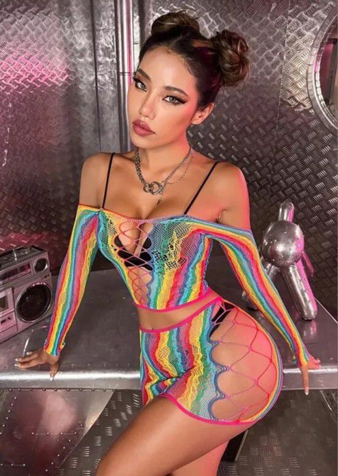 Fishnet Outfit Rainbow 2piece