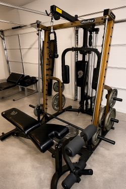 Nautilus Squat rack, attachments, weights and bench package