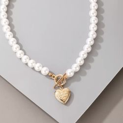 Vintage  Pearl Choker Necklace and bracelet For Women Geometric Heart