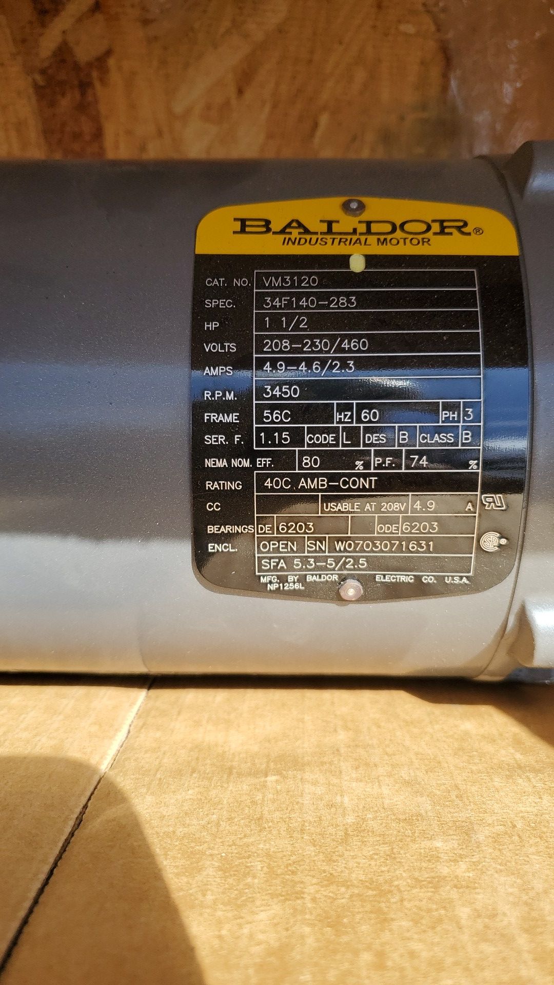 Baldor motor vm3120 1 1/2 horsepower