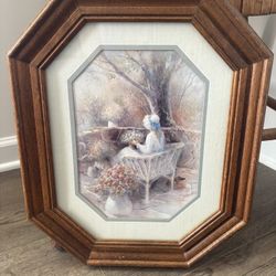 Cottagecore Wall Art Print Vintage Garden Scene Painting in Wood Frame