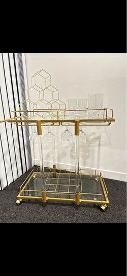 Gold and Acrylic Rolling Bar Cart with Wine Rack
