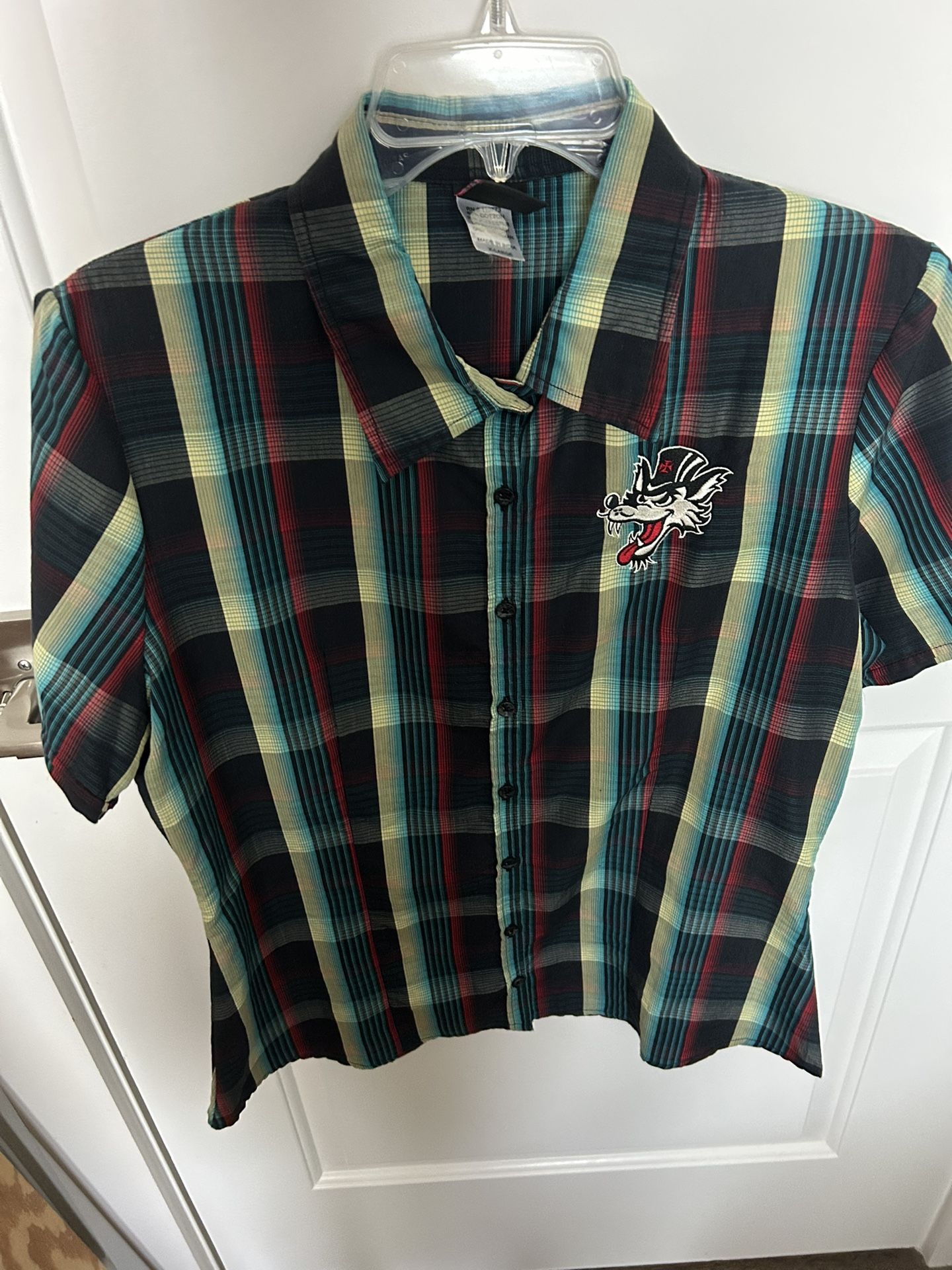Blue green and red plaid button-up shirt with a punk vibe indie rockabilly Lucky 13 apparel y2k real vintage emo scene scenecore big bad wolf characte