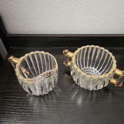 Vintage Jeanette Ribbed Glass And Gold Trimmed Sugar And Creamer Set 