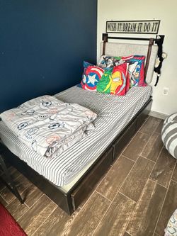 Wooded frame, mattress, and small headboard