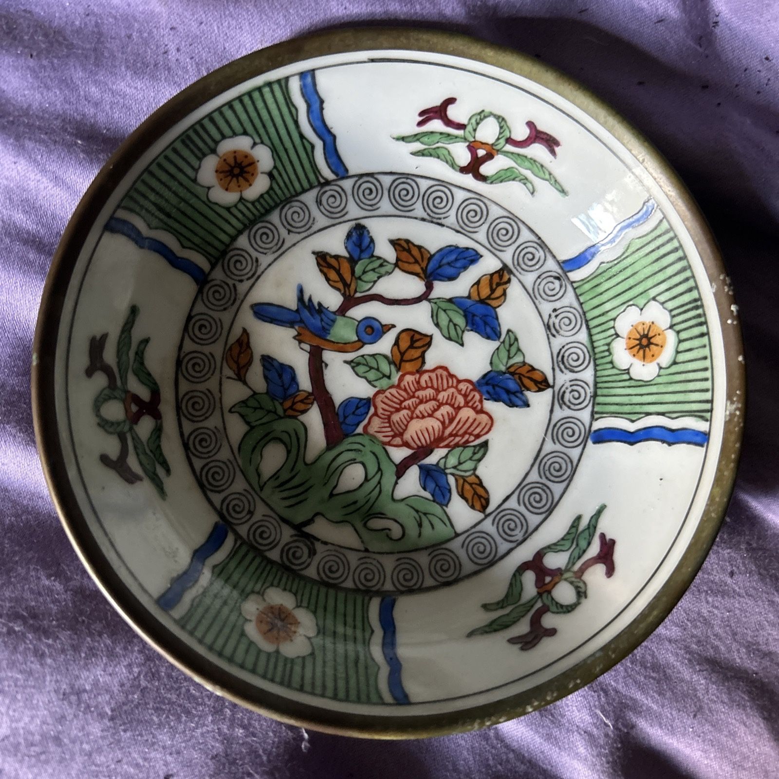 ACF Japanese Porcelain Ware Metal Encased Bowl Hand Decorated in Hong Kong 6”