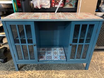 Turquoise cabinet sideboard hutch style stand with faux tile look