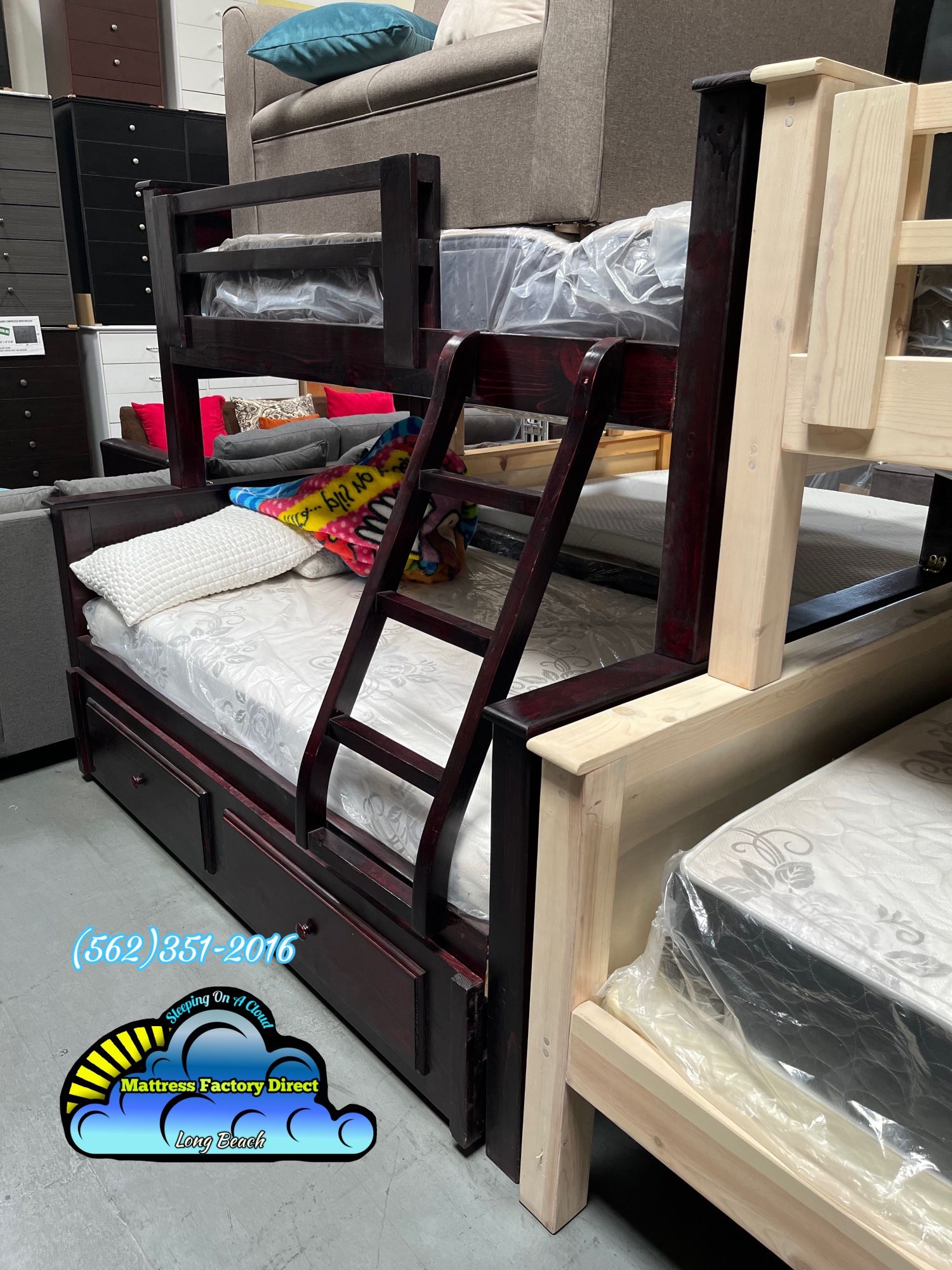 Twin/ Full Dark Cherry Pine Wood With Trundle Pull Out Bed Complete Set