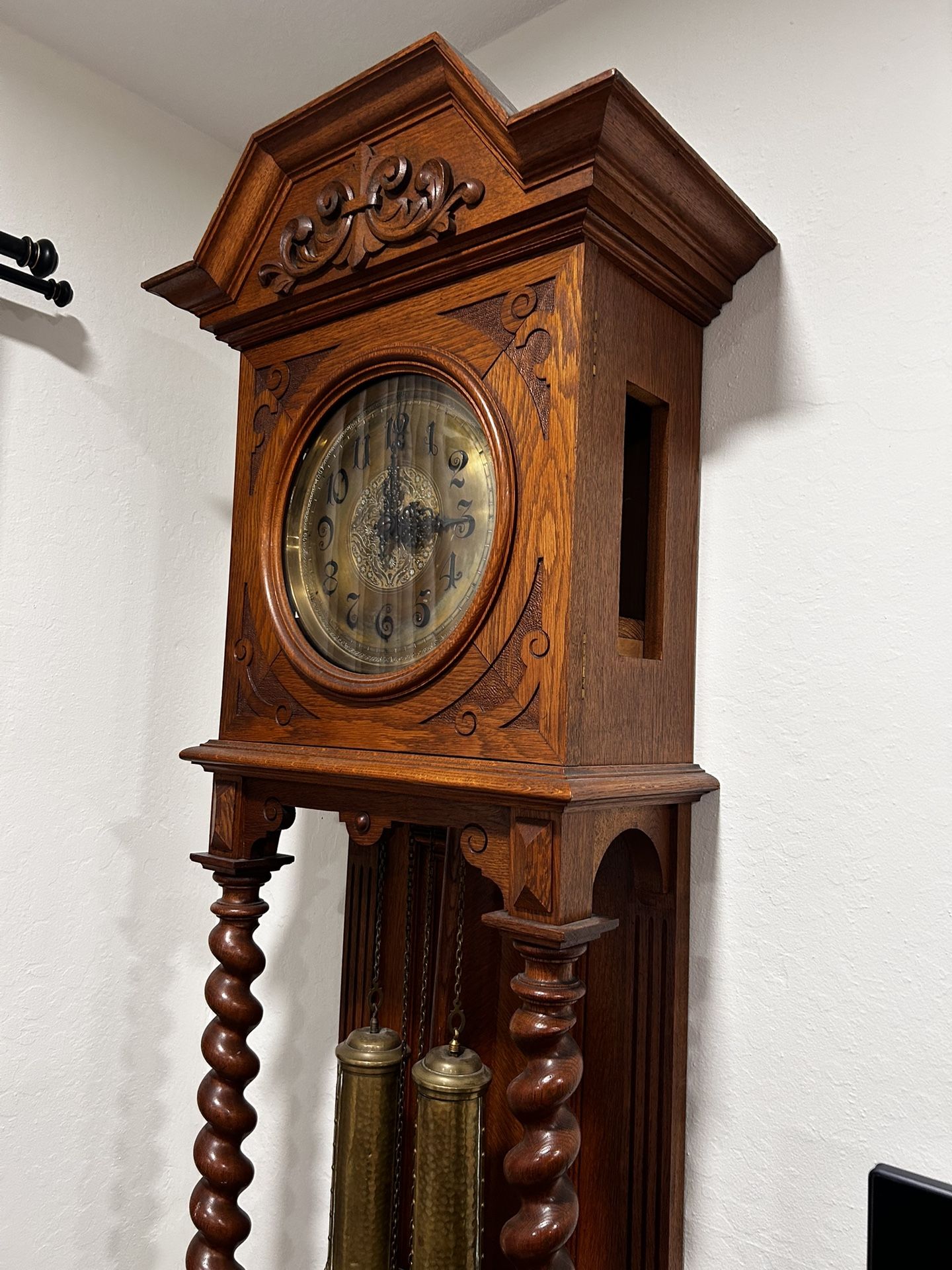 Antique German Oak Open Well Grandfather Clock