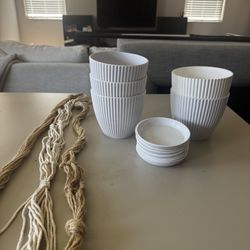 Set of 5 White Flower Pots with Trays + 3 Hanging Plant Holders – Home Decor Bundle