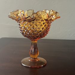 Fenton Amber Hobnail Ruffled Pedestal Dish/Compote