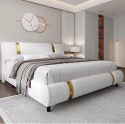Modern Faux Leather Upholstered Platform Bed Frame with Golden Iron Metal Decor