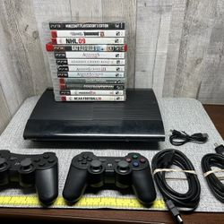 PS3 Super Slim CECH-4201B Console w/ 2 Remotes & Cables & 11 Video Games -Tested-
