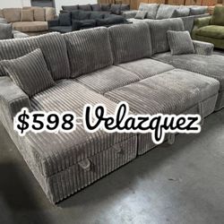 ✅️✅️3 pc Ash grey corduroy fabric sectional sofa with double storage chaise and pop up sleep area in center✅️✅️