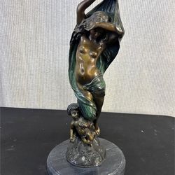 “Nude With Cherub" Art Nouveau Bronze Sculpture Signed Emile Peynot  W/ Wood Base