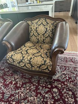 Leather/fabric arm chairs. Matching 2.