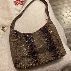 Brown Leather Reptile Snake Pattern Bags By Pinky Purse Tote Handbag 