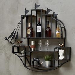 Wrought Iron Home Wine Cabinet, Multi-Layer Storage Rack, Sailboat Wall-Mounted Wine Rack, Home Living Room Decoration 