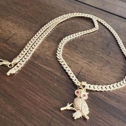 Cuban Chain In Gold Plated With Owl Pendant